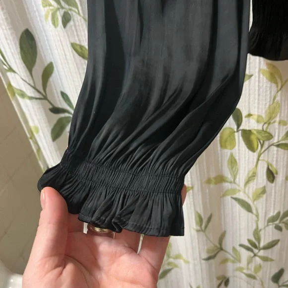 GAP Smocked-Waist Satin Top in Black — Size M (Tall) like new - Picture 2 of 7